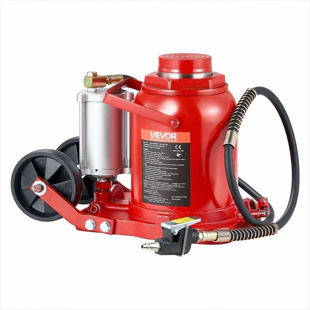 Pneumatinis hidraulinis butelinis keltuvas visureigiams ir sunkvežimiams, 50 t galia, kėlimo diapazonas 265-410 mm, raudonas, sunkiasvoris hidraulinis domkratas, serviso įranga