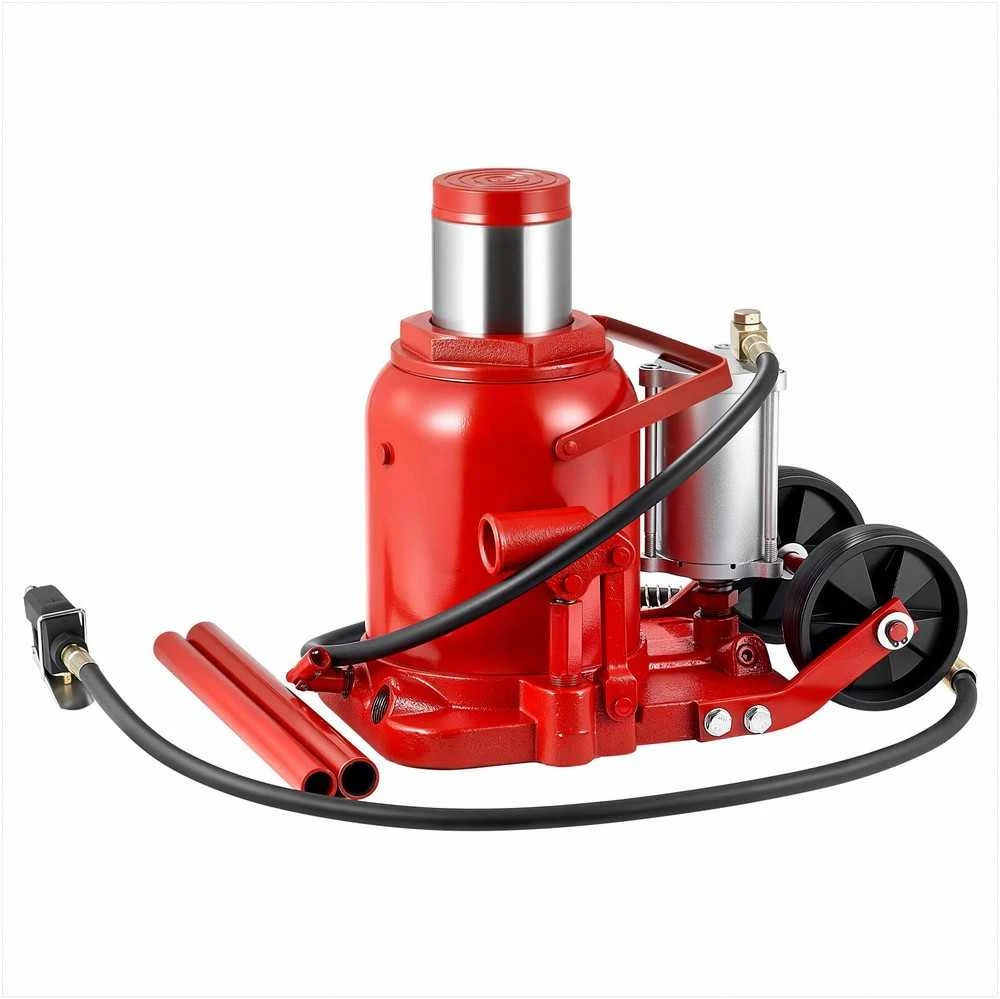 Pneumatinis hidraulinis butelinis keltuvas visureigiams ir sunkvežimiams, 50 t galia, kėlimo diapazonas 265-410 mm, raudonas, sunkiasvoris hidraulinis domkratas, serviso įranga
