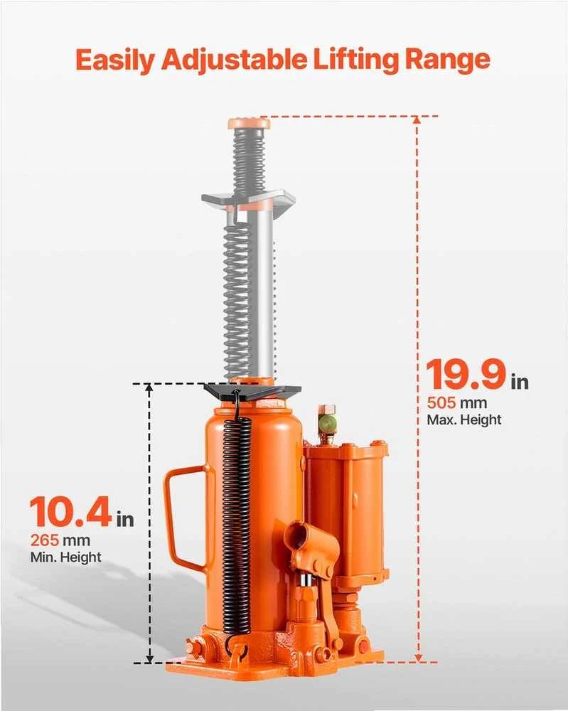 Pneumatinis hidraulinis butelio tipo keltuvas, 12 tonų sunkiasvoris rankinis automobilinis keltuvas, visureigiams ir sunkvežimiams, 265-505 mm kėlimo diapazonas, oranžinis hidraulinis domkratas, serviso įranga