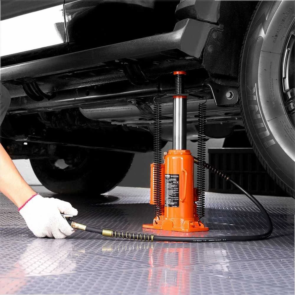 Pneumatinis hidraulinis butelio tipo keltuvas, 12 tonų sunkiasvoris rankinis automobilinis keltuvas, visureigiams ir sunkvežimiams, 265-505 mm kėlimo diapazonas, oranžinis hidraulinis domkratas, serviso įranga