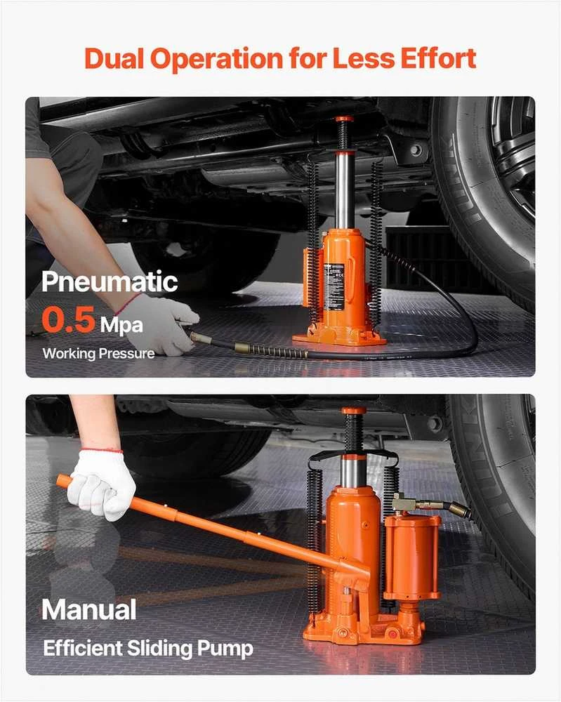 Pneumatinis hidraulinis butelio tipo keltuvas, 12 tonų sunkiasvoris rankinis automobilinis keltuvas, visureigiams ir sunkvežimiams, 265-505 mm kėlimo diapazonas, oranžinis hidraulinis domkratas, serviso įranga