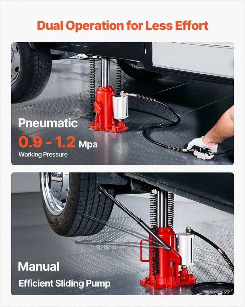 Pneumatinis hidraulinis butelio tipo keltuvas, 20 t, automobiliams, sunkvežimiams ir kemperiams, suvirintas domkratas, pneumatinis rankinis valdymas, garažo įranga, 260-495 mm kėlimo diapazonas