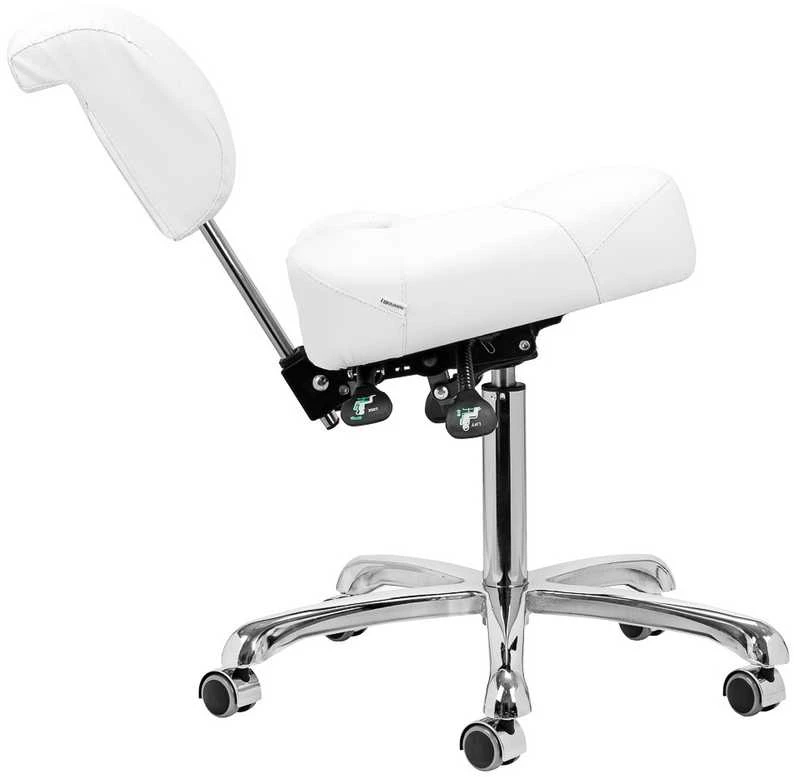 Podologijos kėdė, balta estetinė kėdė grožio salonams, reguliuojamas aukštis, pasukama kėdė su atlošu, ergonomiškas sėdėjimas profesionalams