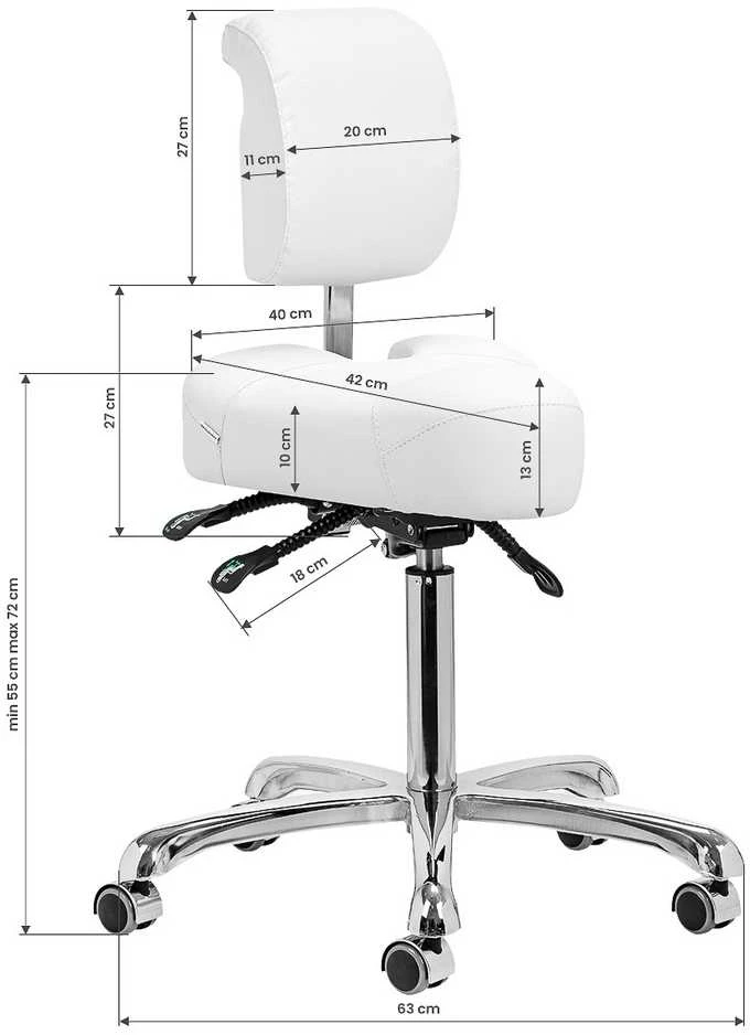 Podologijos kėdė, balta estetinė kėdė grožio salonams, reguliuojamas aukštis, pasukama kėdė su atlošu, ergonomiškas sėdėjimas profesionalams