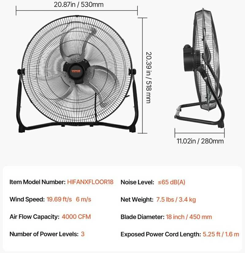VEVOR 45 cm grindų ventiliatorius su 360° pasvirimu