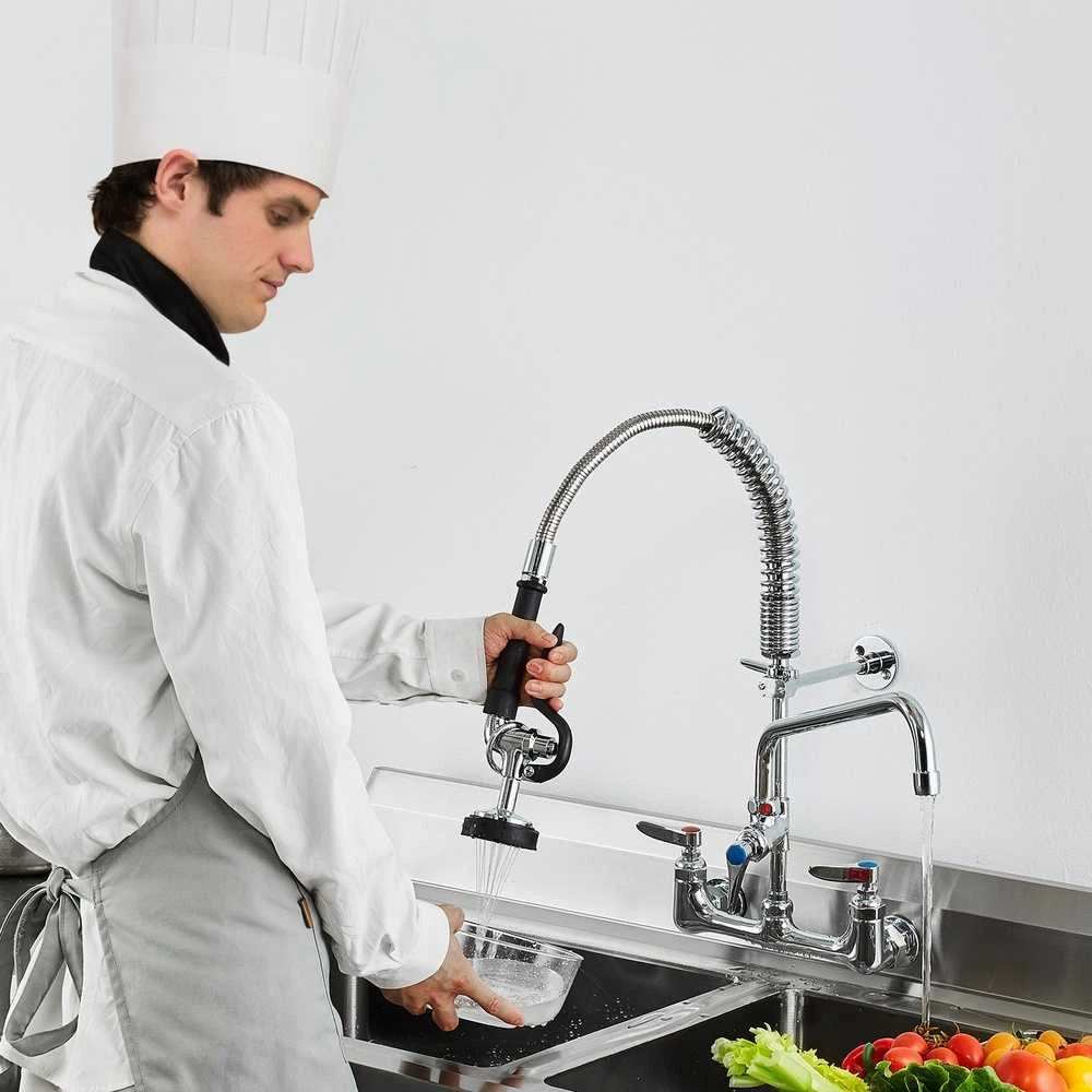 Pramoninis maišytuvas su išankstinio plovimo purkštuvu, 53.34 cm, sieninis, virtuvės praustuvei, žalvarinis, ištraukiamas, dviejų skyrių plautuvei, restorano plautuvei