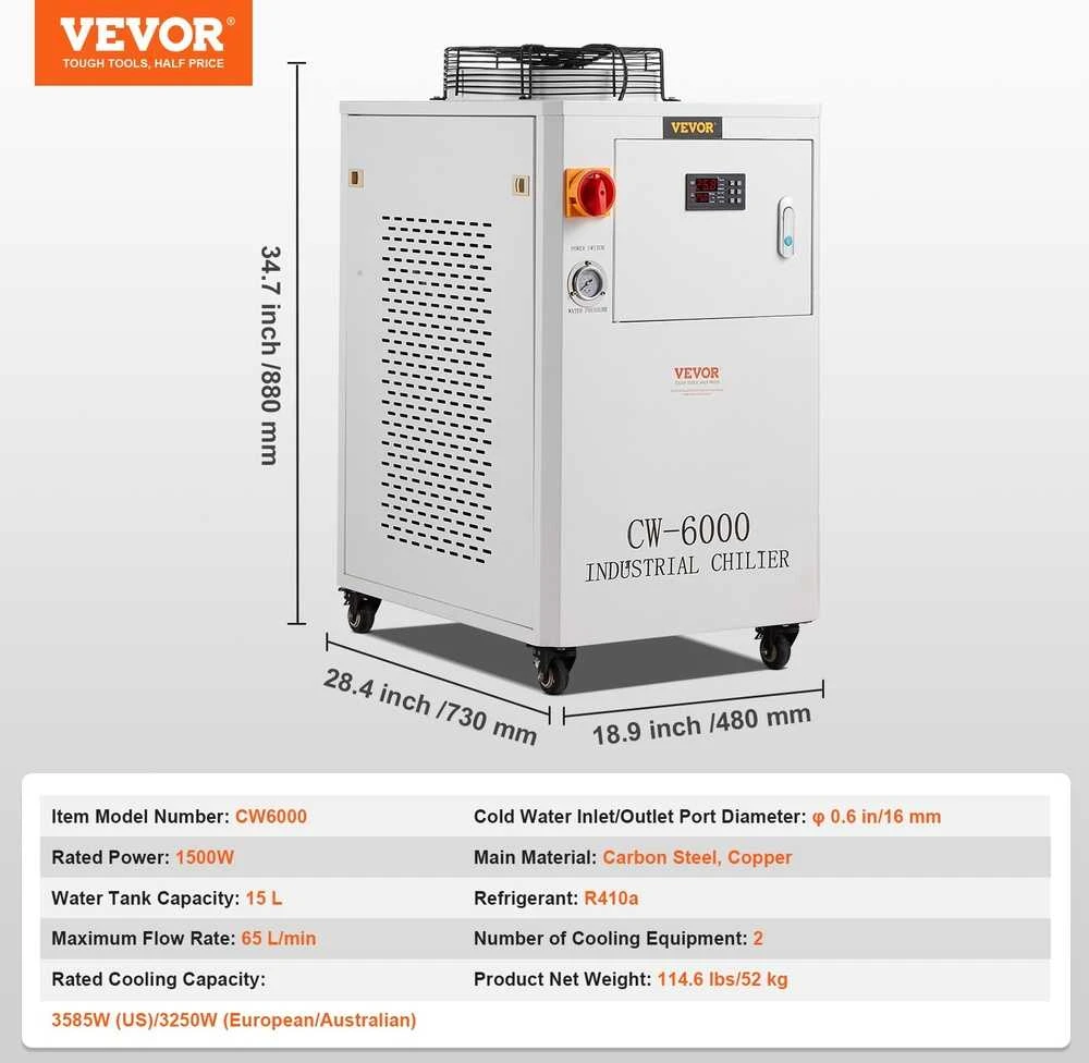 Pramoninis vandens aušintuvas, 1500W aušinimo sistema su kompresoriumi, 15L bakas, 65L/min srautas, skirtas CO2 lazerinio graviravimo mašinų aušinimui