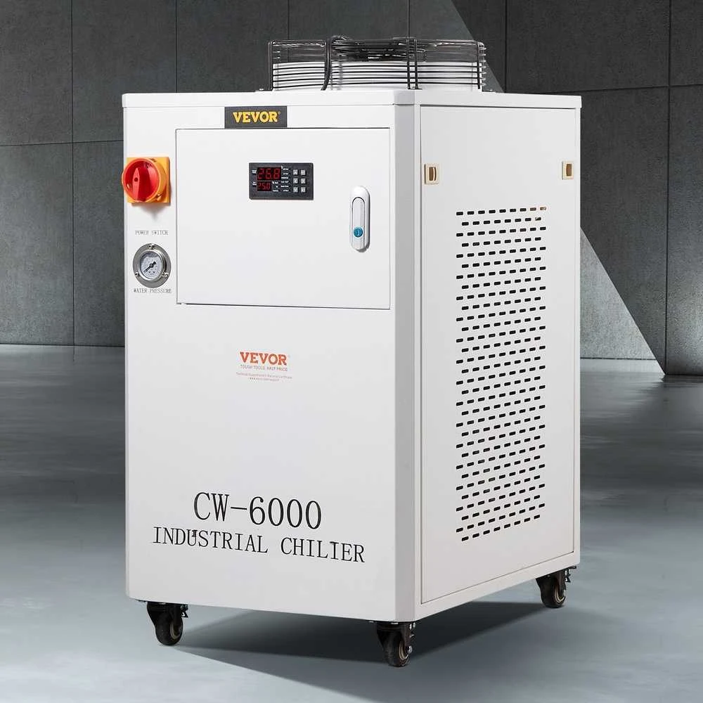 Pramoninis vandens aušintuvas, 1500W aušinimo sistema su kompresoriumi, 15L bakas, 65L/min srautas, skirtas CO2 lazerinio graviravimo mašinų aušinimui