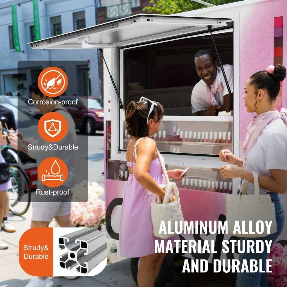 Prekybos kiosko aptarnavimo langas, maisto sunkvežimio aptarnavimo stogelis, 943x943mm aliuminio langas, mobilus maisto langas, BBQ priekabos aptarnavimo liukas