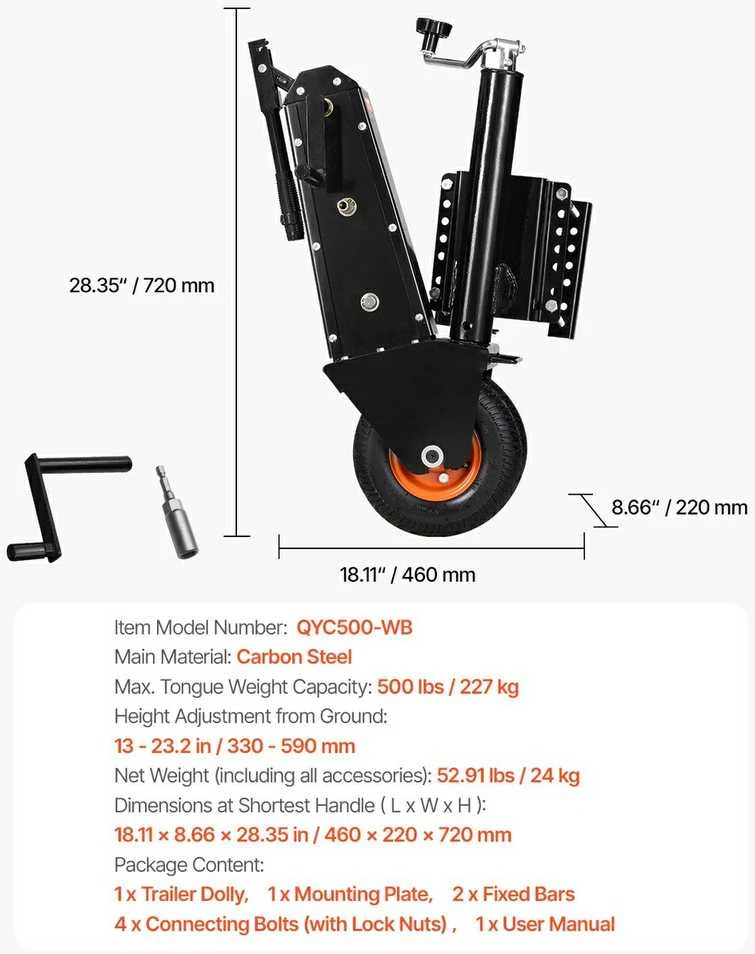 Priekabos domkratas, 227 kg, 330-590 mm, kilnojamas, lengvas, plieno, priekabų ratukas, valties vežimėlio domkratas