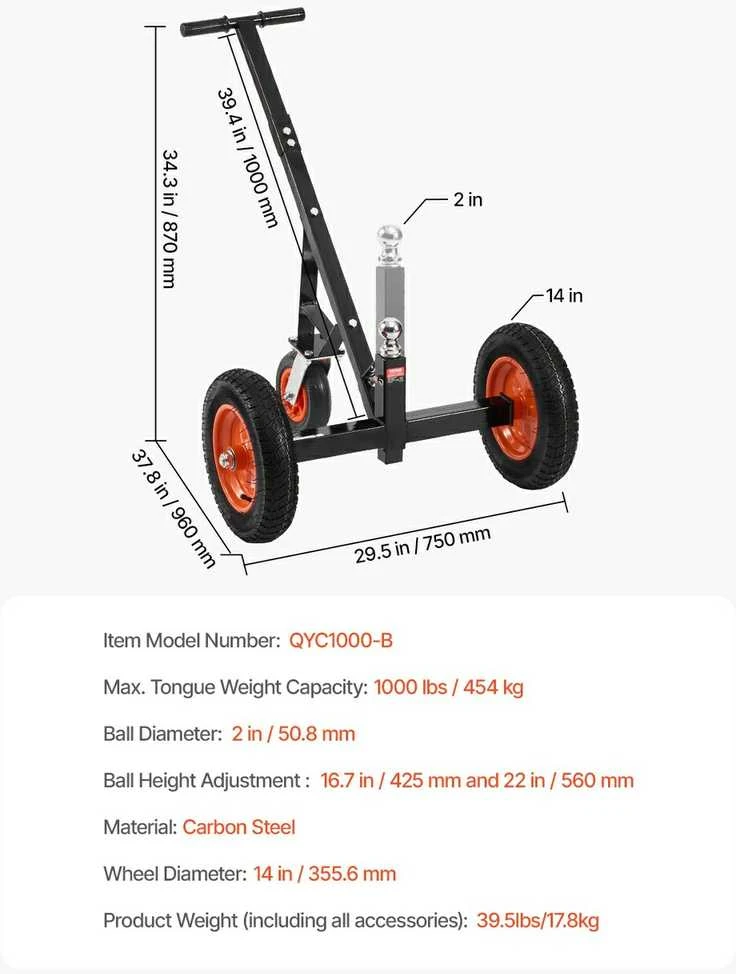 VEVOR Priekabų vežimėlis 454 kg, 16,7–22 cm aukštis