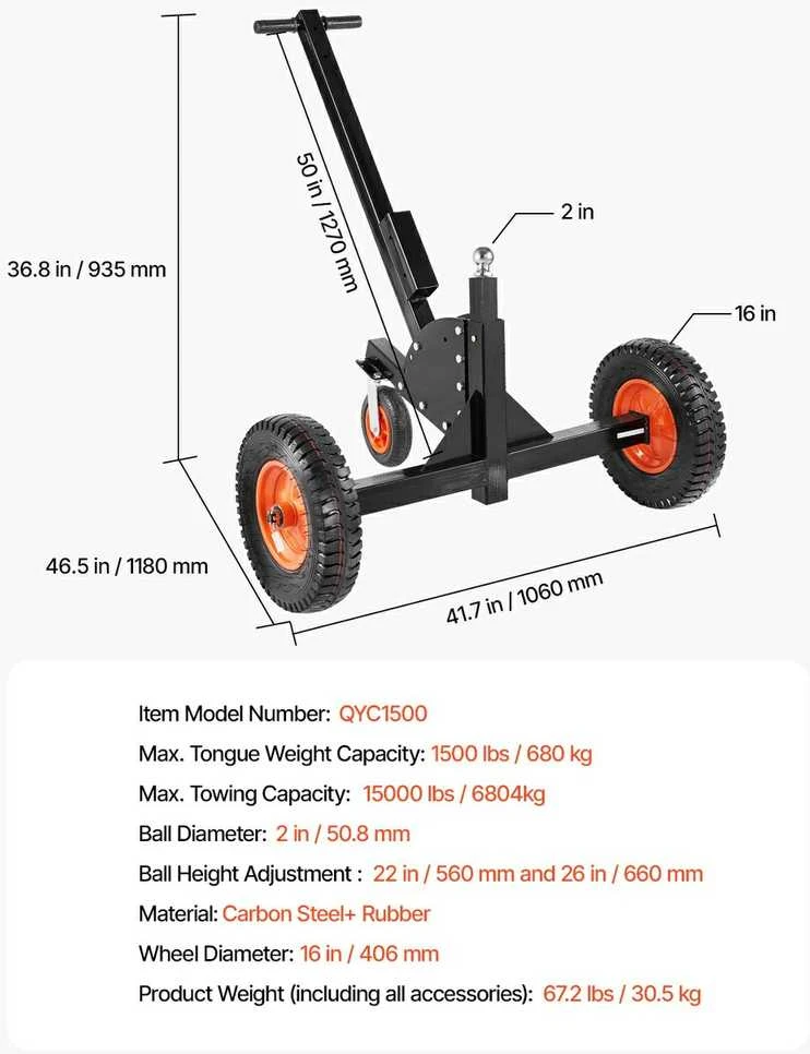 Priekabos vežimėlis 680.4kg talpa su reguliuojamu aukščiu, 2 colių sankabos rutulys, pneumatinės padangos, universalus ratukas, sunkiasvoris priekabų perkėlėjas