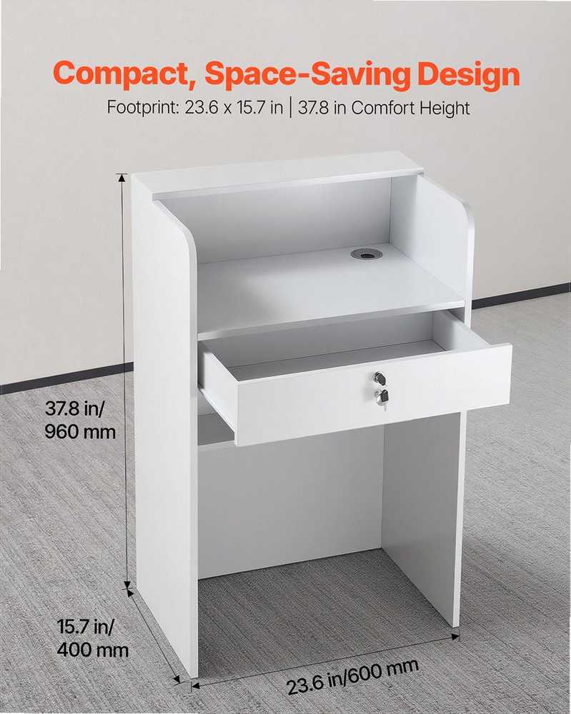 Priimamojo stalas atsiskaitymui, fojė, grožio salonui ir biurui, 60 cm stačiakampis modernus dizainas su stalčiumi, mažas minimalistinis prekystalis, balta parduotuvės kasa, registratūros baldai