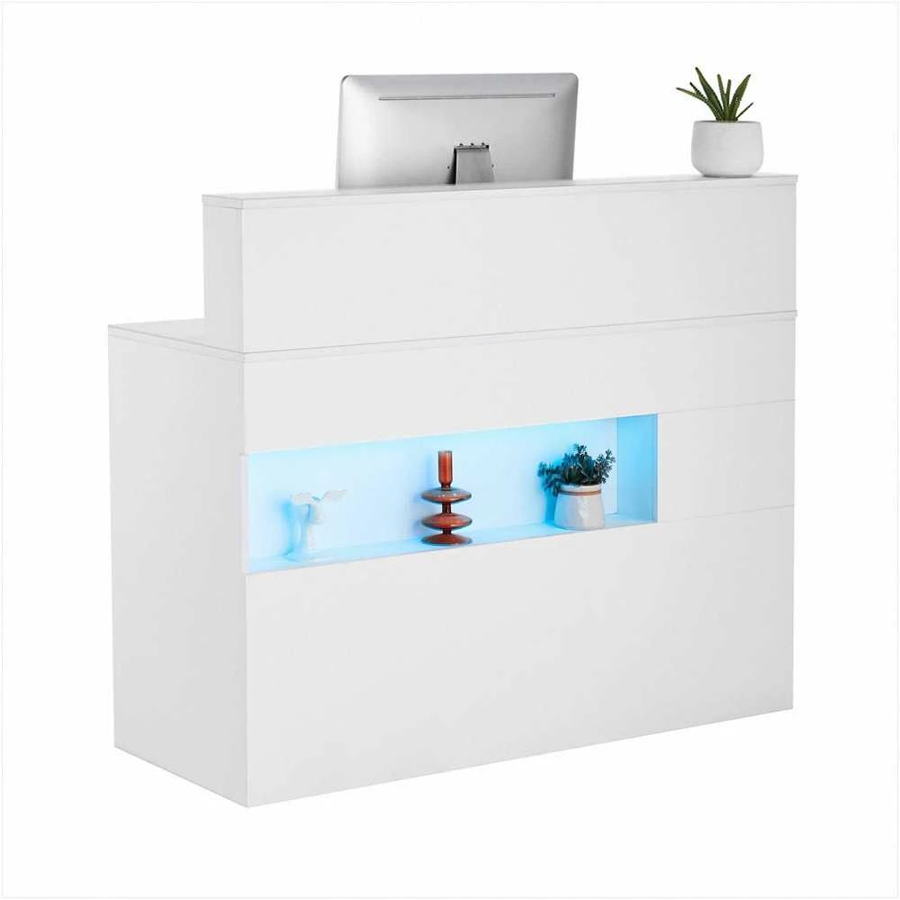Priimamojo stalas su LED apšvietimu, 2 stalčiais ir maitinimo lizdais, stačiakampis prekystalis biurui, fojė, grožio salonui ir kasai, baltas, registratūros baldai