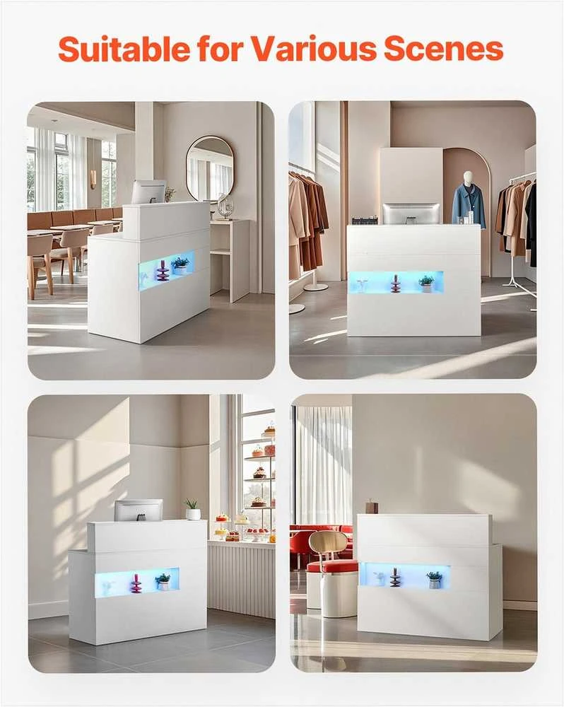 Priimamojo stalas su LED apšvietimu, 2 stalčiais ir maitinimo lizdais, stačiakampis prekystalis biurui, fojė, grožio salonui ir kasai, baltas, registratūros baldai