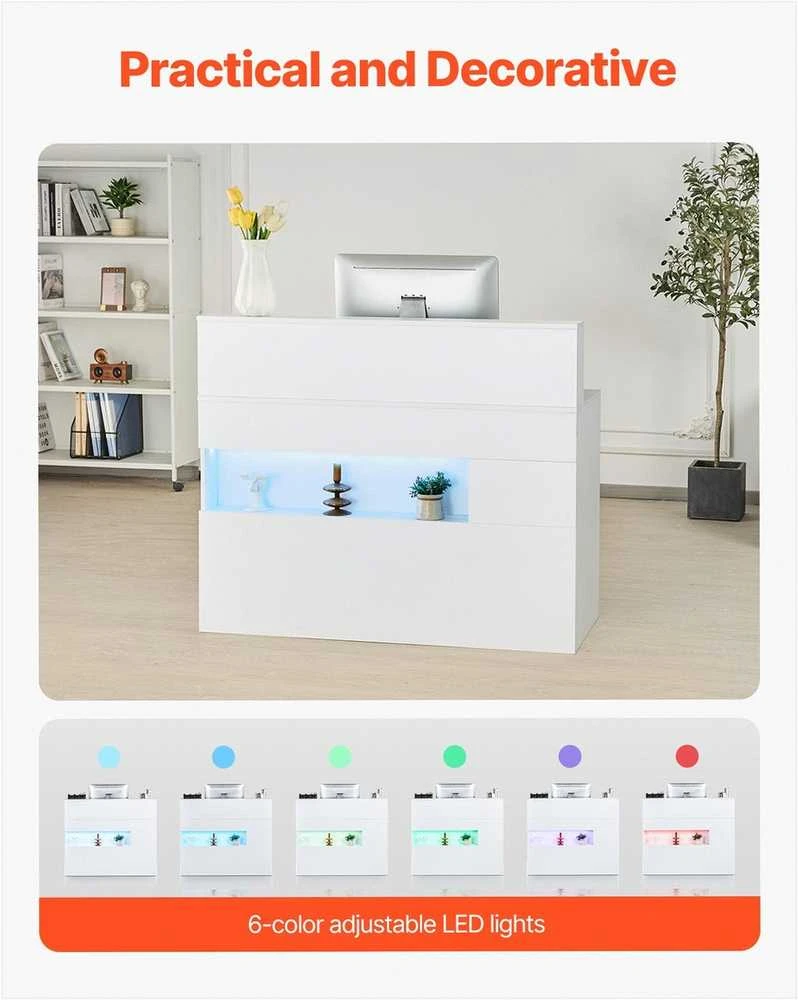 Priimamojo stalas su LED apšvietimu, 2 stalčiais ir maitinimo lizdais, stačiakampis prekystalis biurui, fojė, grožio salonui ir kasai, baltas, registratūros baldai