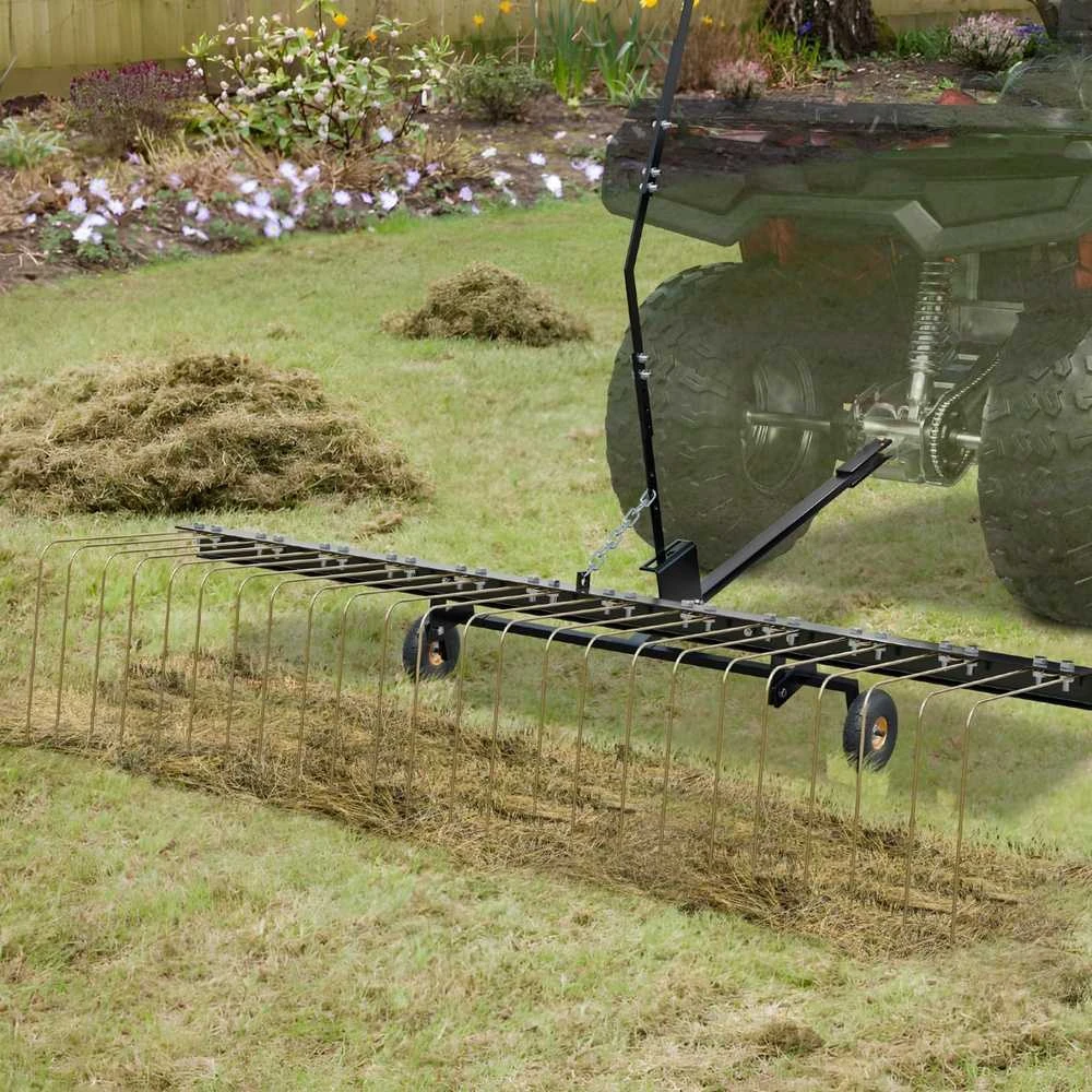 Prikabinamas vejos grėblys, 1500 mm plieno dantų grėblys keturračiui, vejos velėnos grėblys, sodo velėnos grėblys kiemo valymui