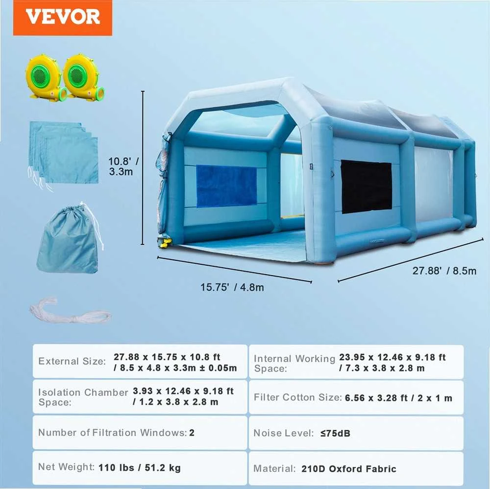 VEVOR Pripučiama dažymo kamera 8,5x4,8x3,3 m su ventiliatoriais