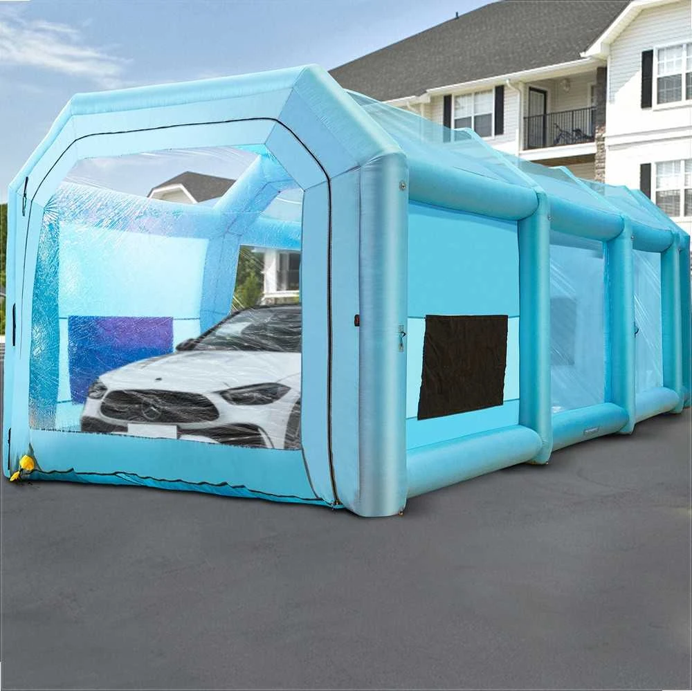 Pripučiama dažymo kamera automobilių dažymui su 2 ventiliatoriais ir oro filtravimo sistema, 12x5x4 m purškimo kabina, mobili darbo stotis, mėlyna