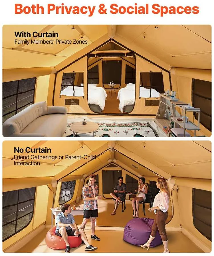 Pripučiama Kempingo Palapinė 8-12 Žmonių, Glamping Palapinė su Pompa, Lengvas Surinkimas, Geltona Poliesterio Medvilnės Palapinė, Šeimos Palapinė, Kelioninė Palapinė