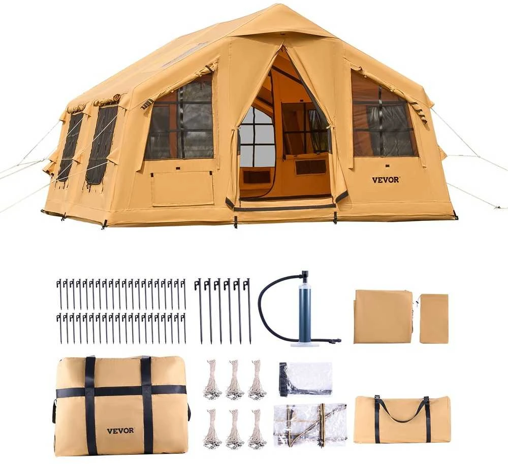 Pripučiama Kempingo Palapinė 8-12 Žmonių, Glamping Palapinė su Pompa, Lengvas Surinkimas, Geltona Poliesterio Medvilnės Palapinė, Šeimos Palapinė, Kelioninė Palapinė
