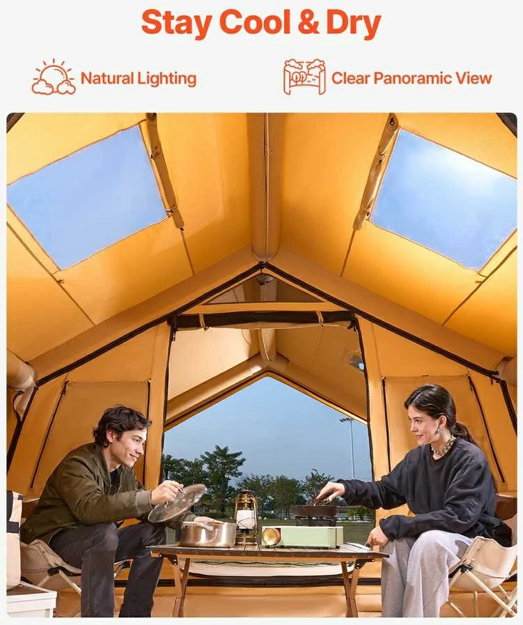 Pripučiama Kempingo Palapinė 8-12 Žmonių, Glamping Palapinė su Pompa, Lengvas Surinkimas, Geltona Poliesterio Medvilnės Palapinė, Šeimos Palapinė, Kelioninė Palapinė