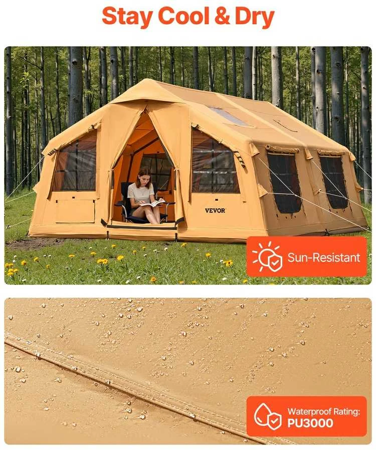 Pripučiama Kempingo Palapinė 8-12 Žmonių, Glamping Palapinė su Pompa, Lengvas Surinkimas, Geltona Poliesterio Medvilnės Palapinė, Šeimos Palapinė, Kelioninė Palapinė