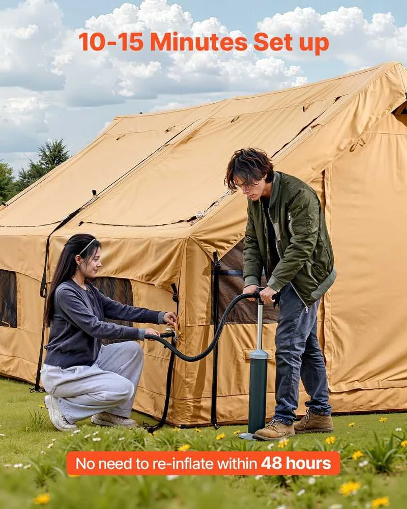Pripučiama Kempingo Palapinė 8-12 Žmonių, Glamping Palapinė su Pompa, Lengvas Surinkimas, Geltona Poliesterio Medvilnės Palapinė, Šeimos Palapinė, Kelioninė Palapinė