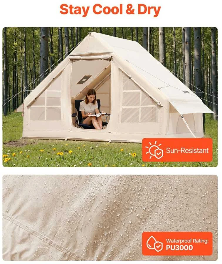 Pripučiama stovyklavimo palapinė, 3-5 asmenų glampingo palapinė su pompa, lengvai pastatoma šeimos palapinė, vandeniui atspari oro palapinė, greitai pripučiama stovyklavimo pastogė