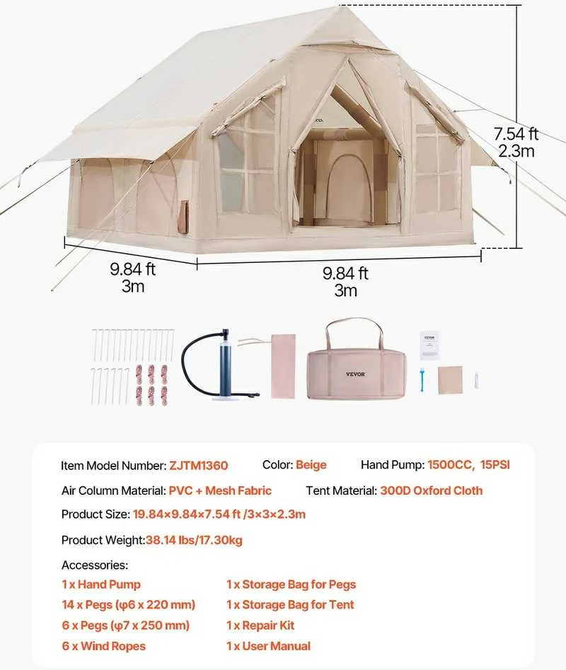 Pripučiama stovyklavimo palapinė, 4-6 asmenų glamping palapinė su pompa, lengvai pastatoma šeimos palapinė, vandeniui atspari oro palapinė, greitai pripučiama stovyklavimo pastogė