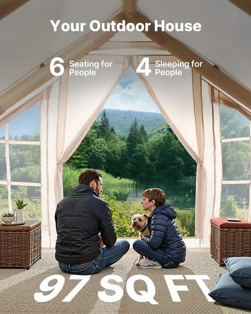 Pripučiama stovyklavimo palapinė, 4-6 asmenų glamping palapinė su pompa, lengvai pastatoma šeimos palapinė, vandeniui atspari oro palapinė, greitai pripučiama stovyklavimo pastogė
