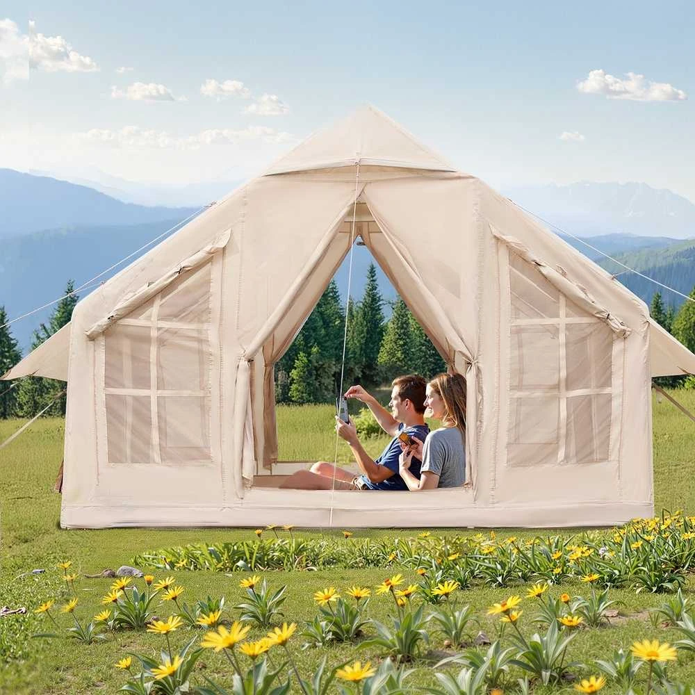 Pripučiama stovyklavimo palapinė, 4-6 asmenų glamping palapinė su pompa, lengvai pastatoma šeimos palapinė, vandeniui atspari oro palapinė, greitai pripučiama stovyklavimo pastogė