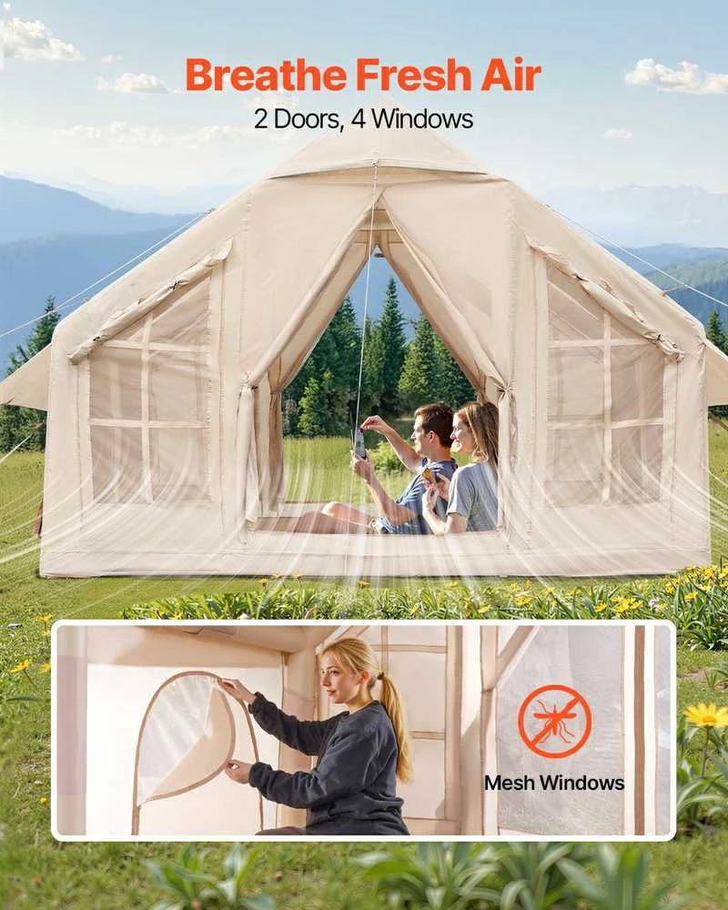 Pripučiama stovyklavimo palapinė, 4-6 asmenų glamping palapinė su pompa, lengvai pastatoma šeimos palapinė, vandeniui atspari oro palapinė, greitai pripučiama stovyklavimo pastogė