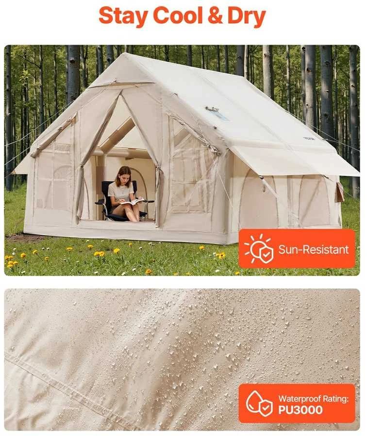 Pripučiama stovyklavimo palapinė, 4-6 asmenų glamping palapinė su pompa, lengvai pastatoma šeimos palapinė, vandeniui atspari oro palapinė, greitai pripučiama stovyklavimo pastogė
