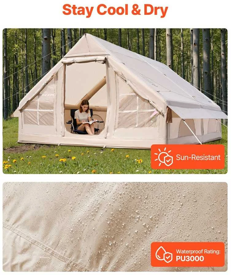 Pripučiama stovyklavimo palapinė, glampingo palapinė su pompa, 5-8 asmenų šeimos palapinė, lengvai pastatoma pripučiama palapinė, vandeniui atspari oro palapinė