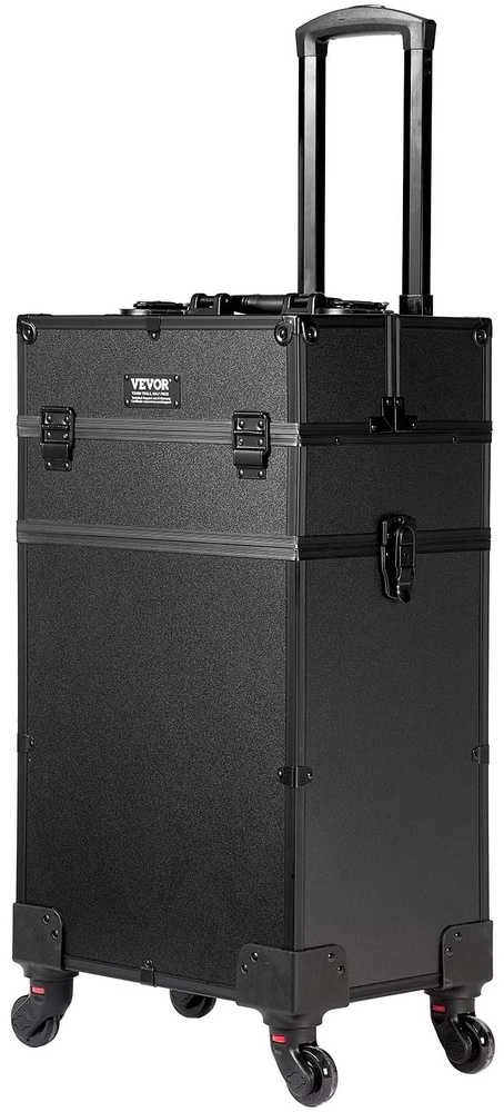 Profesionalus vizažo lagaminas su ratukais, didelis kosmetinis lagaminėlis, makiažo dėklas kelionėms, juodas