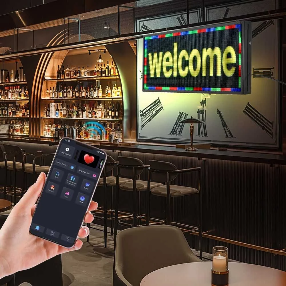 Programuojamas LED ženklas, spalvotas slenkantis ekranas, „Bluetooth“ pranešimų lenta verslo reklamai, vidaus skaitmeninis ženklas, pritaikomas LED skydelis