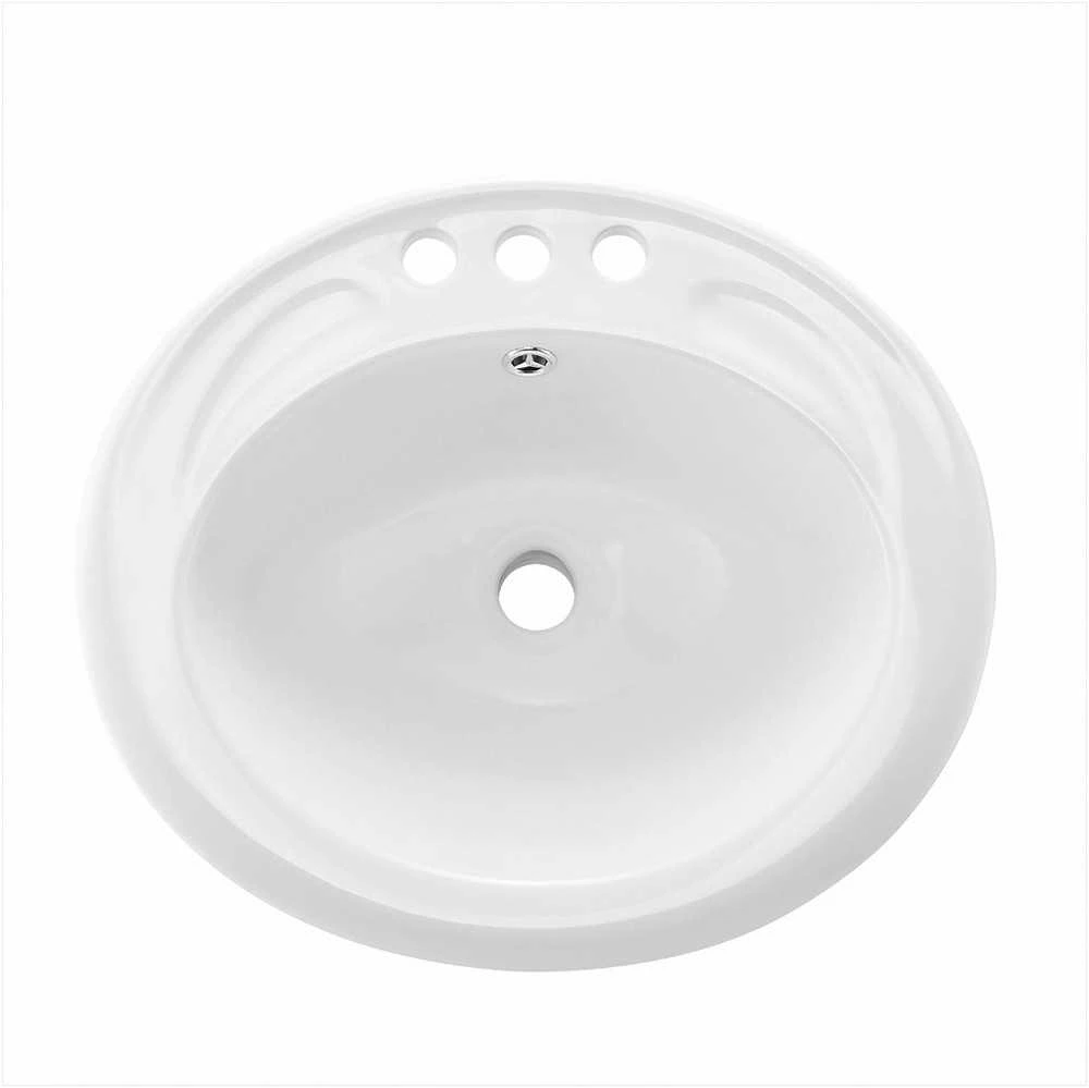 Pusiau įleidžiama vonios kriauklė mažoms erdvėms, ovali balta keraminė 485 x 425 mm, su perpildymo anga ir 3 čiaupo angomis, modernus įleidžiamas praustuvas