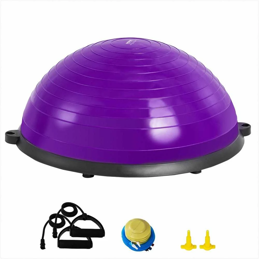 Pusinis pusiausvyros treniruoklis, 620 mm balanso kamuolys su pasipriešinimo gumomis ir pompa, 300 kg stabilumo kamuolys, violetinis jogos ir jėgos fitneso treniruoklis namams