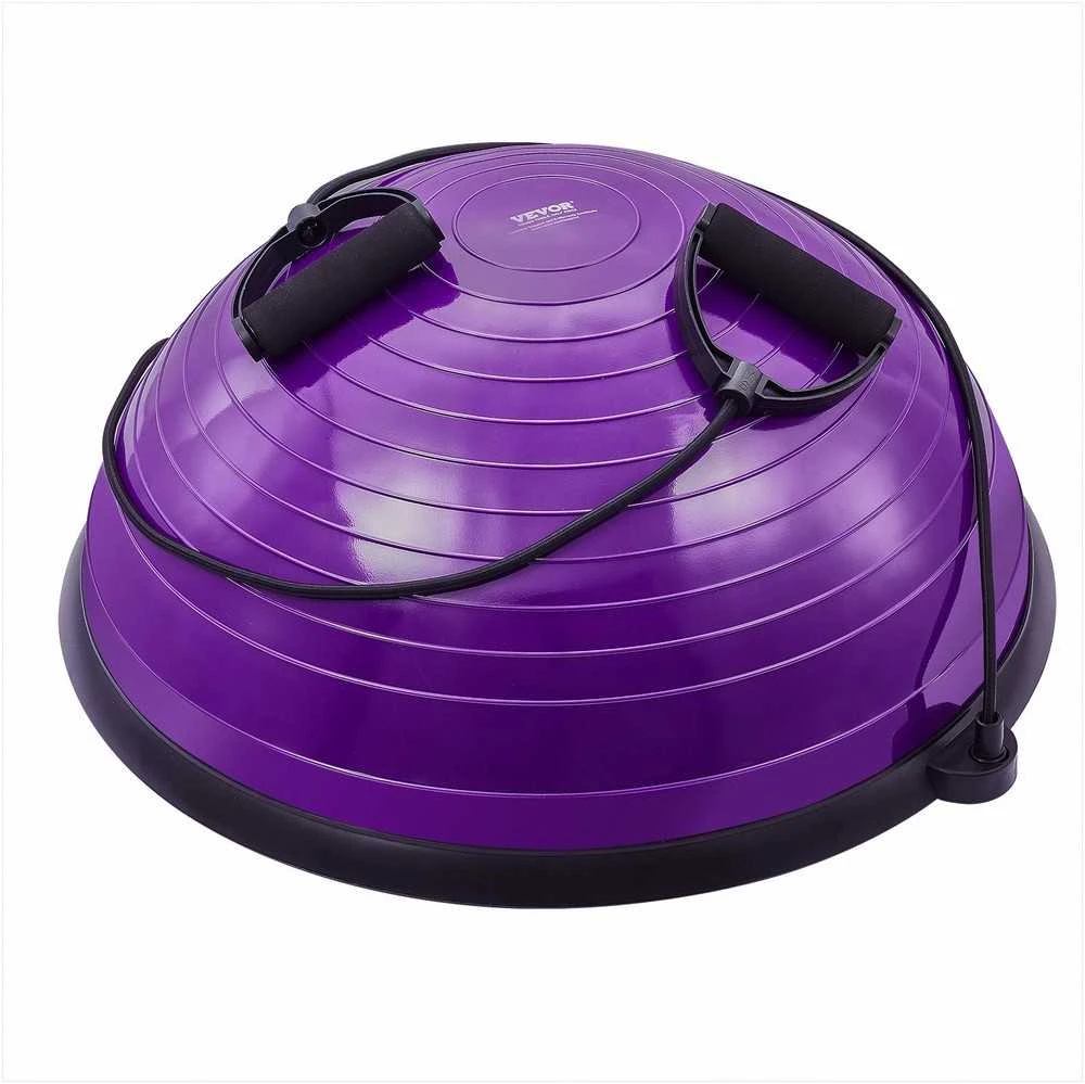 Pusinis pusiausvyros treniruoklis, 620 mm balanso kamuolys su pasipriešinimo gumomis ir pompa, 300 kg stabilumo kamuolys, violetinis jogos ir jėgos fitneso treniruoklis namams