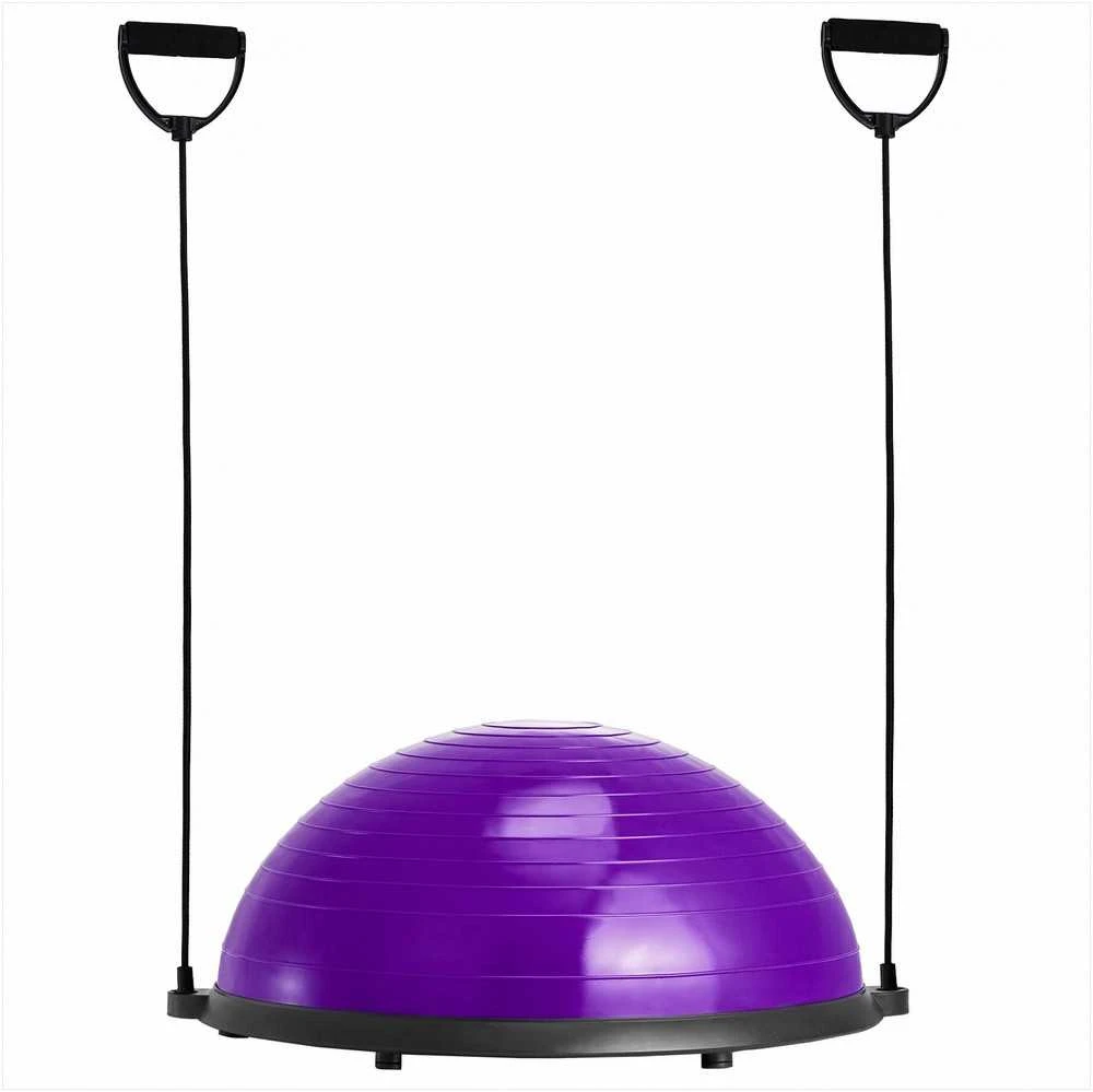 Pusinis pusiausvyros treniruoklis, 620 mm balanso kamuolys su pasipriešinimo gumomis ir pompa, 300 kg stabilumo kamuolys, violetinis jogos ir jėgos fitneso treniruoklis namams