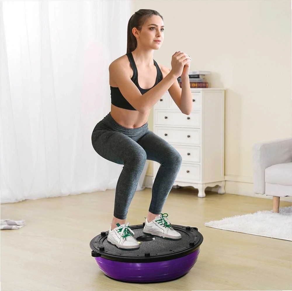 Pusinis pusiausvyros treniruoklis, 620 mm balanso kamuolys su pasipriešinimo gumomis ir pompa, 300 kg stabilumo kamuolys, violetinis jogos ir jėgos fitneso treniruoklis namams