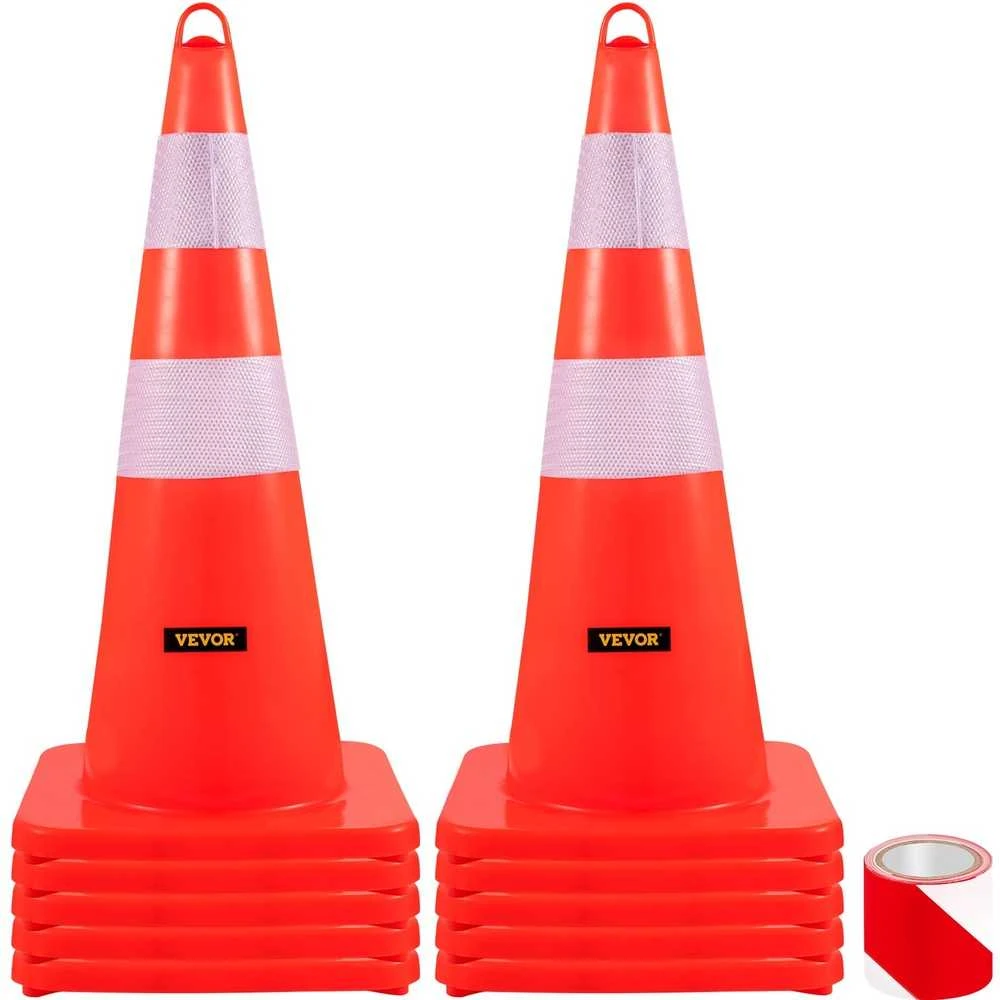 VEVOR PVC kūgiai 28 cm, atšvaitai, 10 vnt. - eismo, statybų, parkavimo saugumui