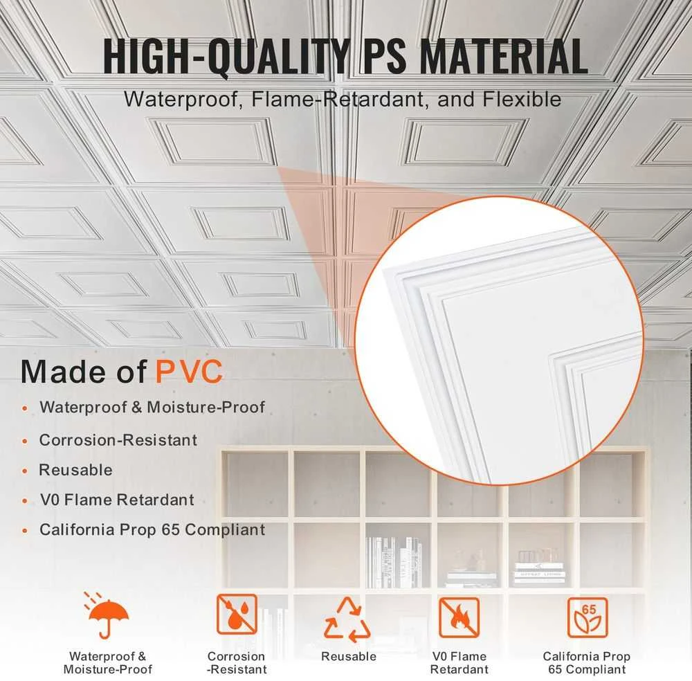 PVC Lubų Plytelės, 61 cm x 61 cm, Atsparios Vandeniui Pakabinamų Lubų Plytelės, Lengvai Montuojama Lubų Danga