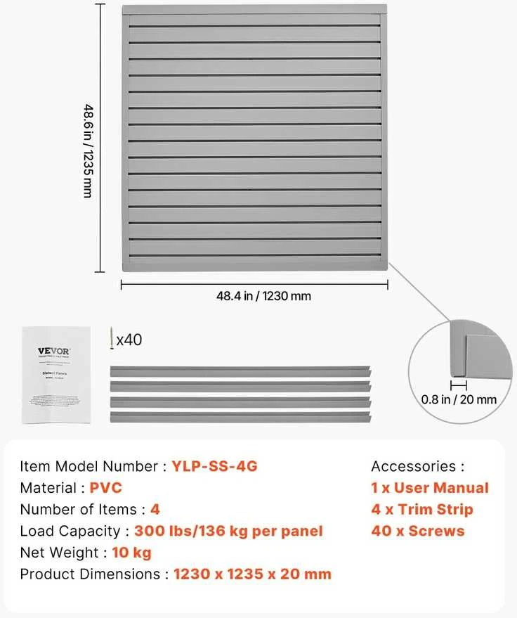 PVC sienų panelės 1230x1235 mm, pilkos, garažui, modulinės, 4 vnt. - plokštės, lentynos, sandėliavimui