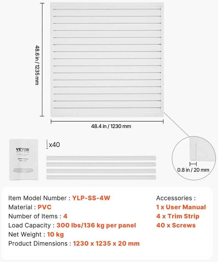 PVC sienų panelės 123.5 x 123 cm, baltos, garažui, modulinės, 4 vnt., plastikinės, lentynoms