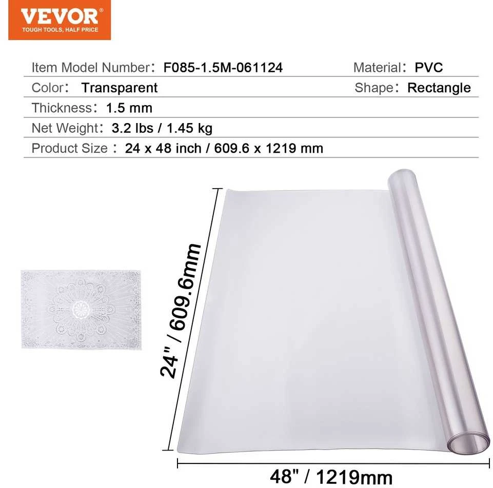 VEVOR Skaidri PVC stalo apsauga 60x120 cm