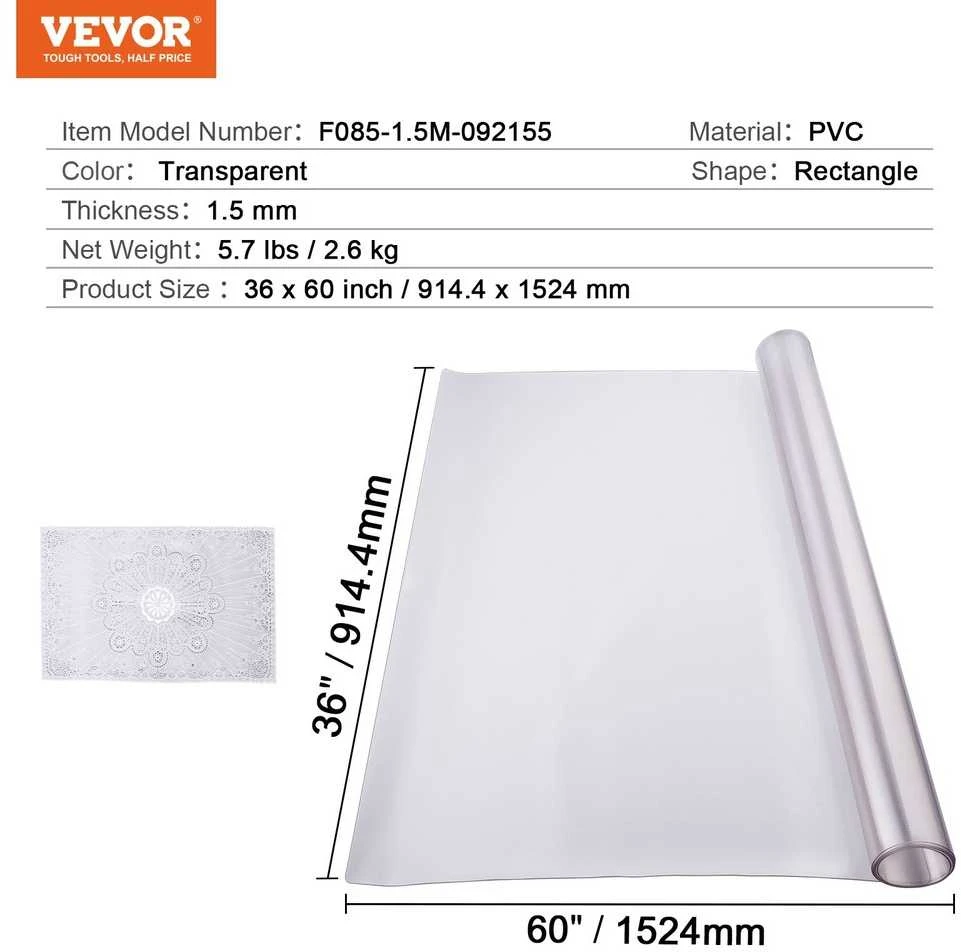 VEVOR pvc stalo apsauga 90x150 cm matinė 1.5mm