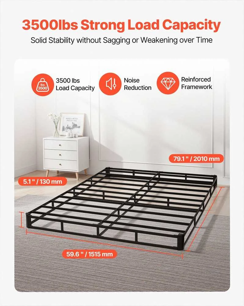 Queen Size čiužinio pagrindo rėmas su plaunamu audiniu, tvirtas metalinis pagrindas, lengvas surinkimas, saugūs kampai, vietą taupantis dizainas, miegamojo lova