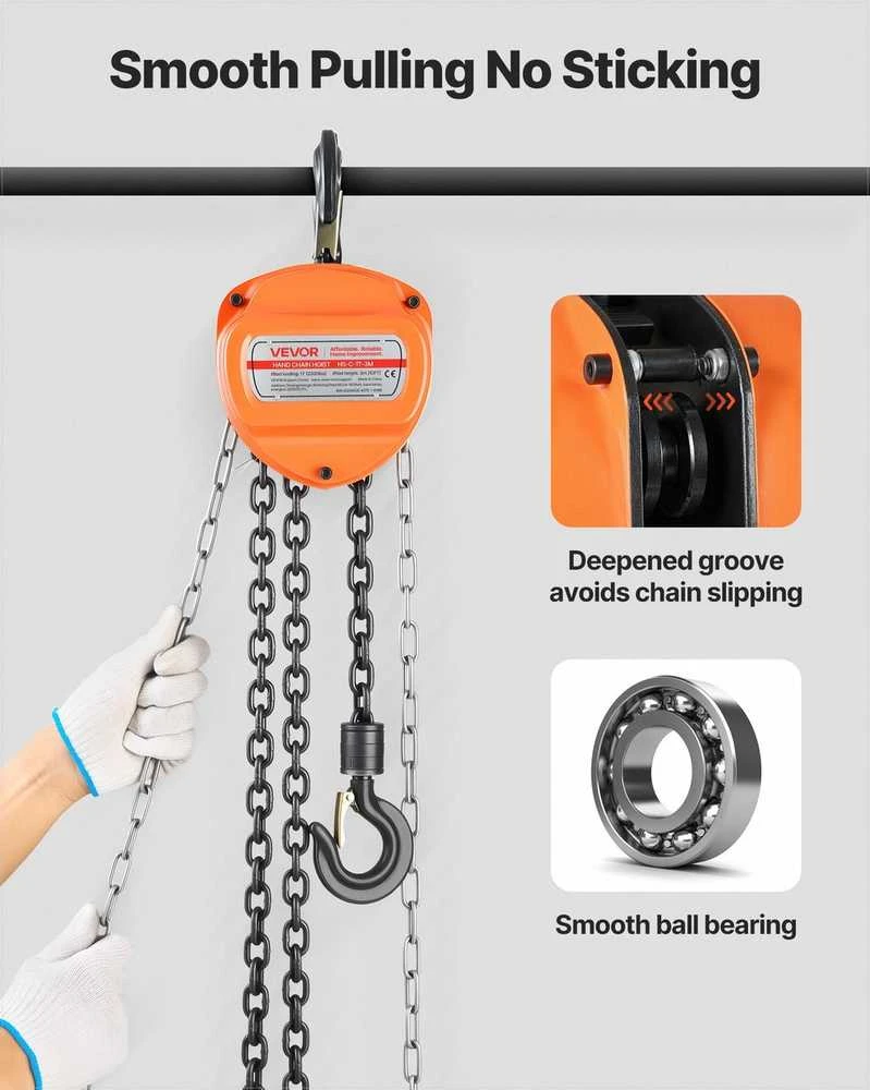 Rankinė grandininė talpė, 1 t galia, G80 cinkuota grandinė, 3 m kėlimo aukštis, sunkiasvoris skriemulinis keltuvas garažui ir sandėliui, oranžinė kėlimo gervė, skriemulio blokas